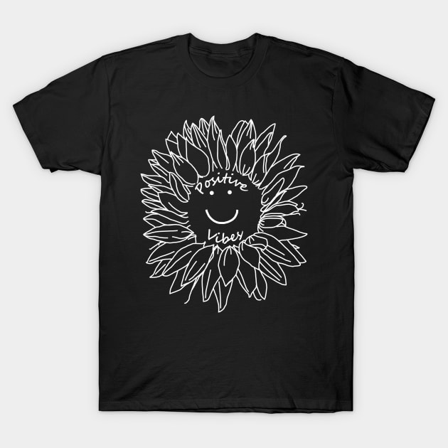 Positive Vibes Smiley Face Sunflower White Line Drawing T-Shirt by ellenhenryart